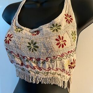 Embroidered Beige Crop Top tye back one size tassles bohemian beach festival